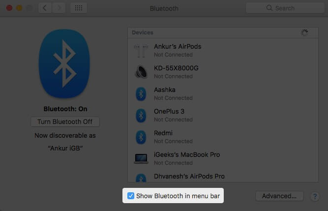Включите отображение Bluetooth в строке меню в системных настройках на Mac