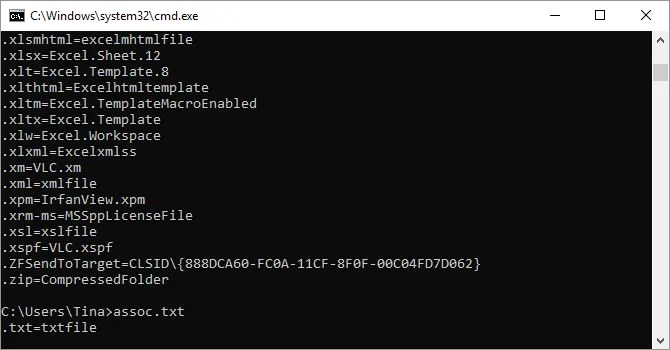 Screenshot of Windows command prompt with assoccommand.