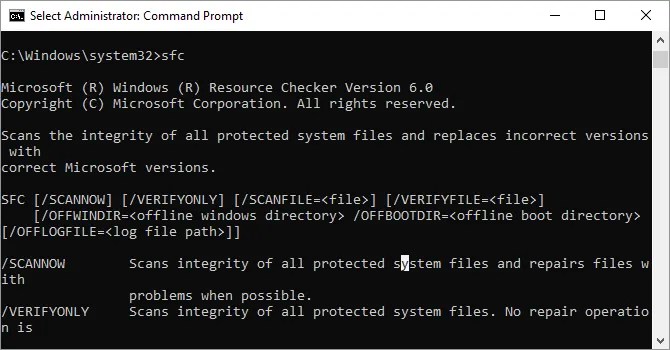 System File Checker sfc command options available on Windows 10.