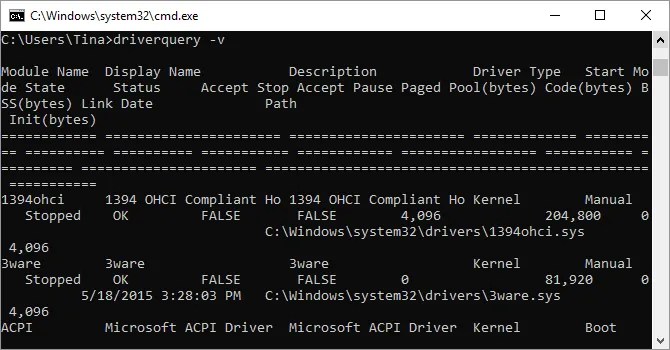 Windows command prompt showing driverquery command.