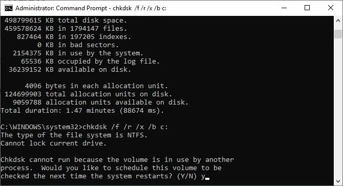 Running a chkdsk command to initiate a scan on Windows 10.